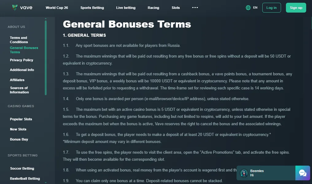 Screenshot of Vave's bonus terms and wagering requirements