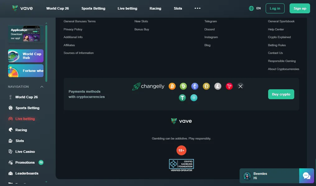 Screenshot of Vave's footer licence and regulator details
