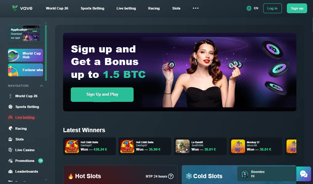 Screenshot of Vave's homepage