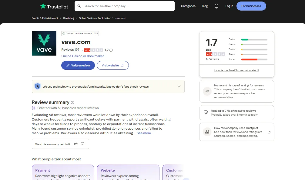 Screenshot of Vave's Trustpilot rating overview