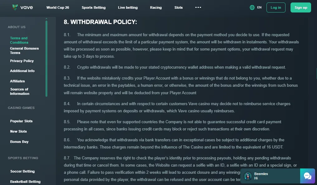 Screenshot of Vave's withdrawal section and limits