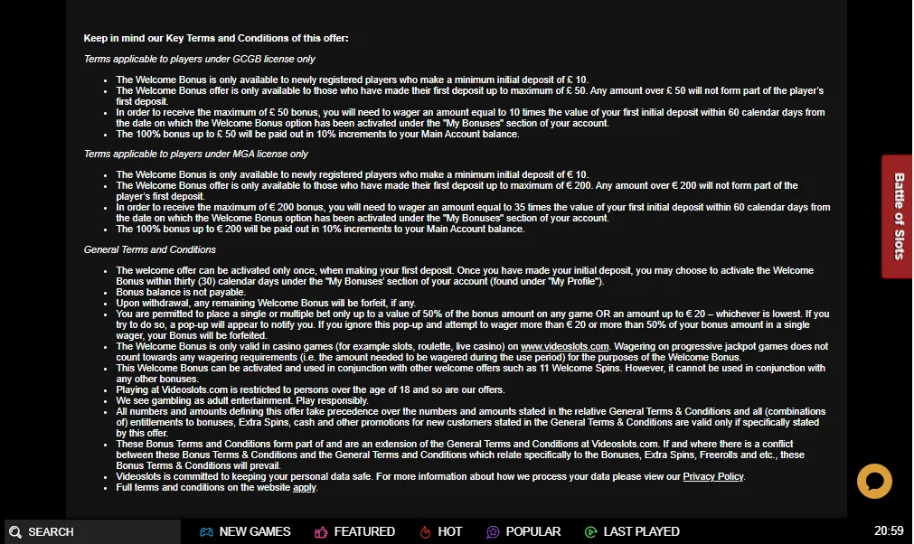 Screenshot of Videoslots's bonus terms and wagering requirements