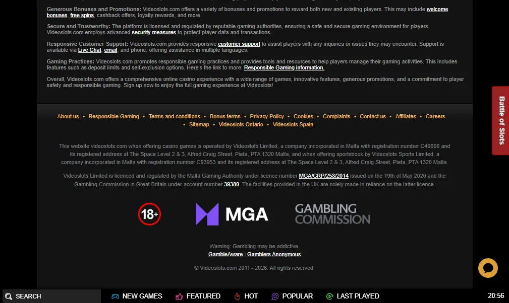 Screenshot of Videoslots's footer licence and regulator details