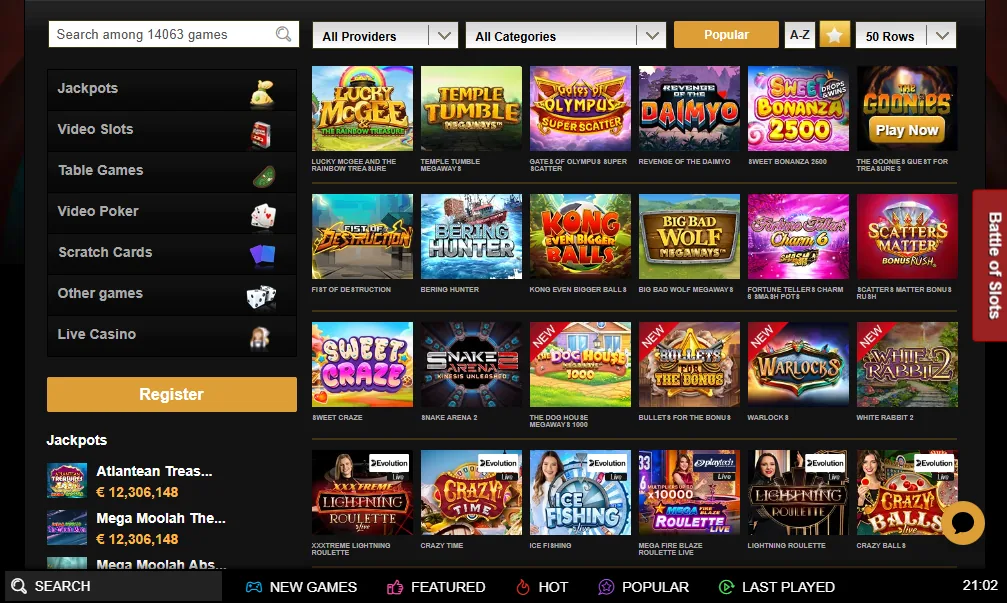 Screenshot of Videoslots's games lobby