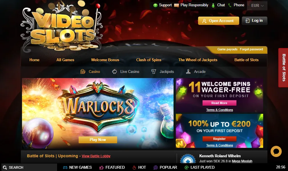 Screenshot of Videoslots's homepage