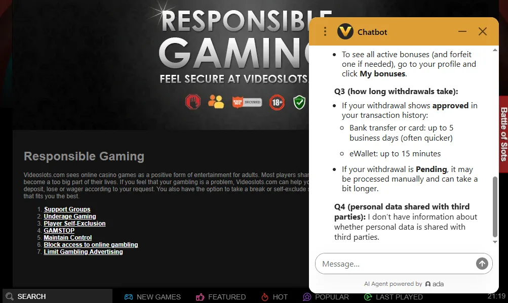 Screenshot of Videoslots's live chat support window
