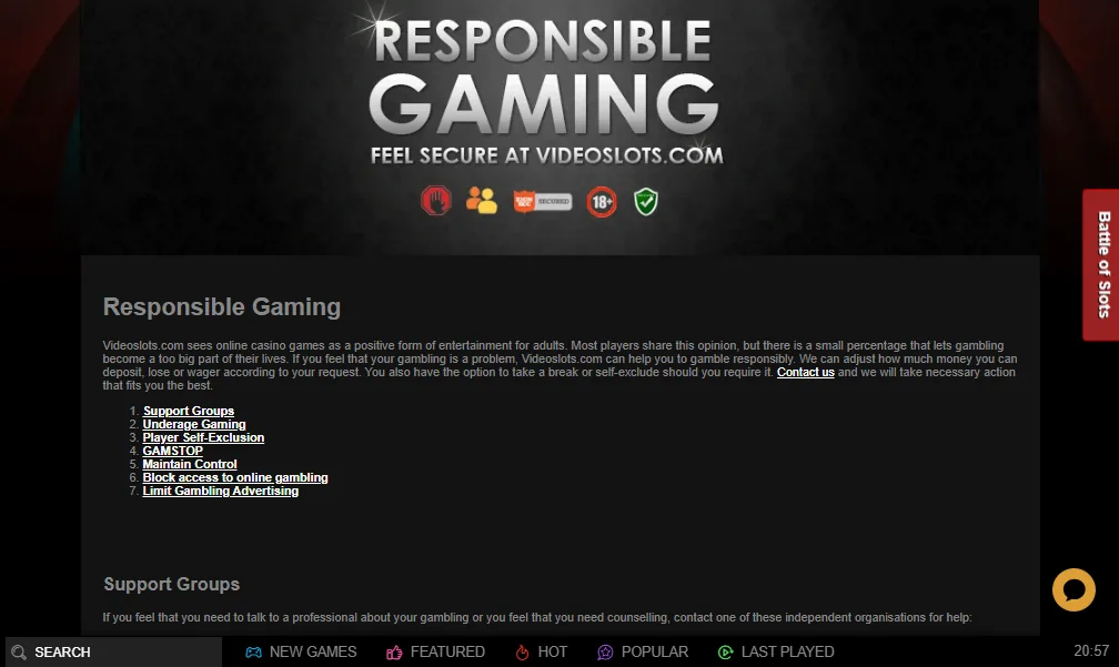 Screenshot of Videoslots's responsible-gambling tools