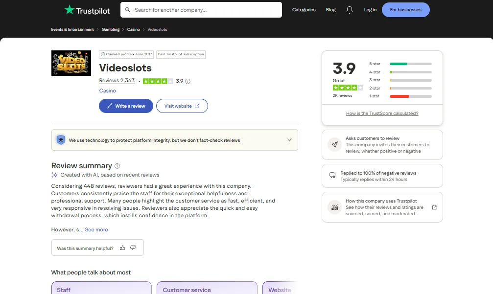 Screenshot of Videoslots's Trustpilot rating overview