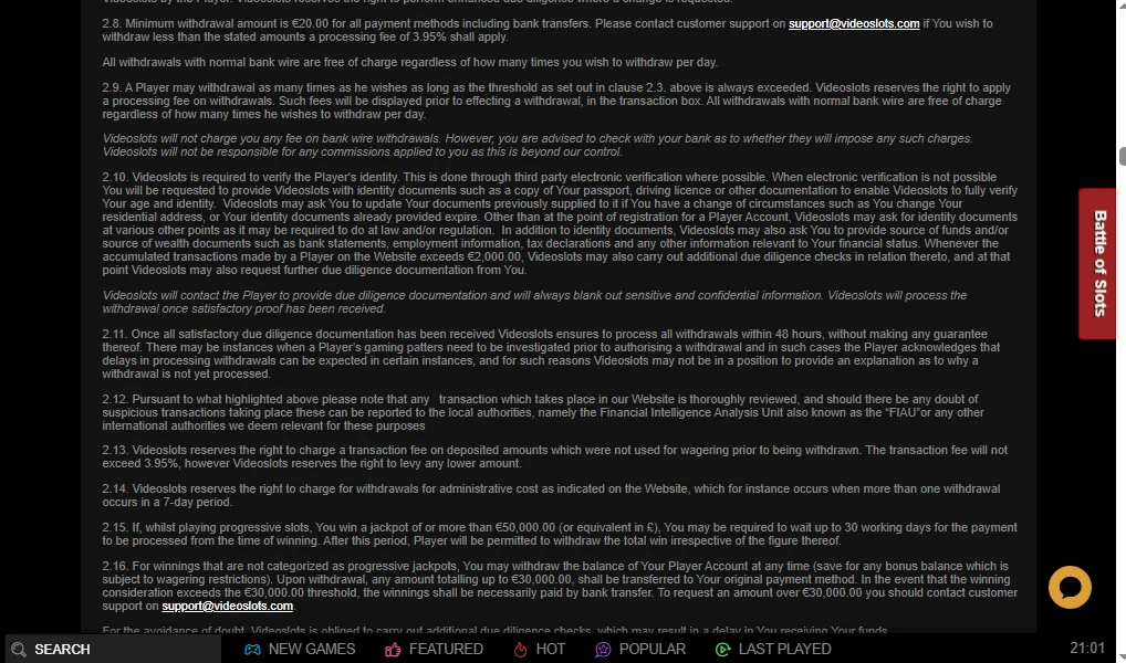 Screenshot of Videoslots's withdrawal section and limits