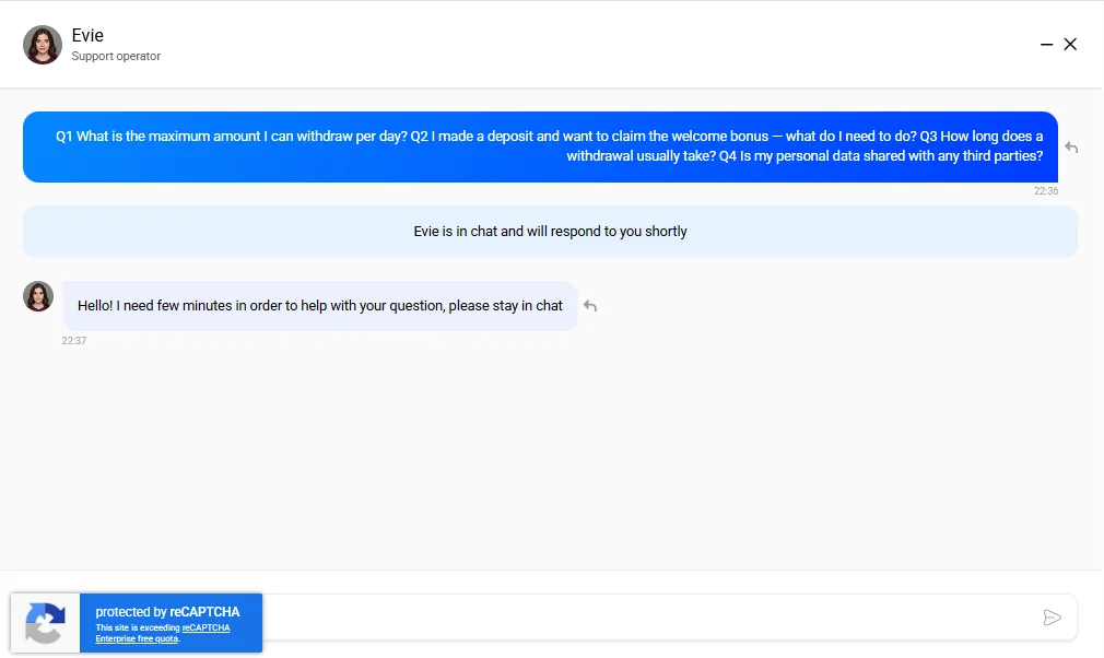 Screenshot of Vulkan Bet's live chat support window