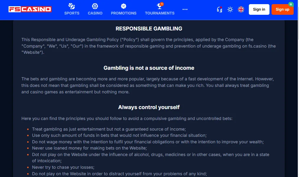 Screenshot of Vulkan Bet's responsible-gambling tools