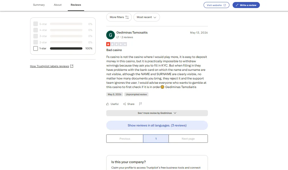 Screenshot of Vulkan Bet's negative Trustpilot review