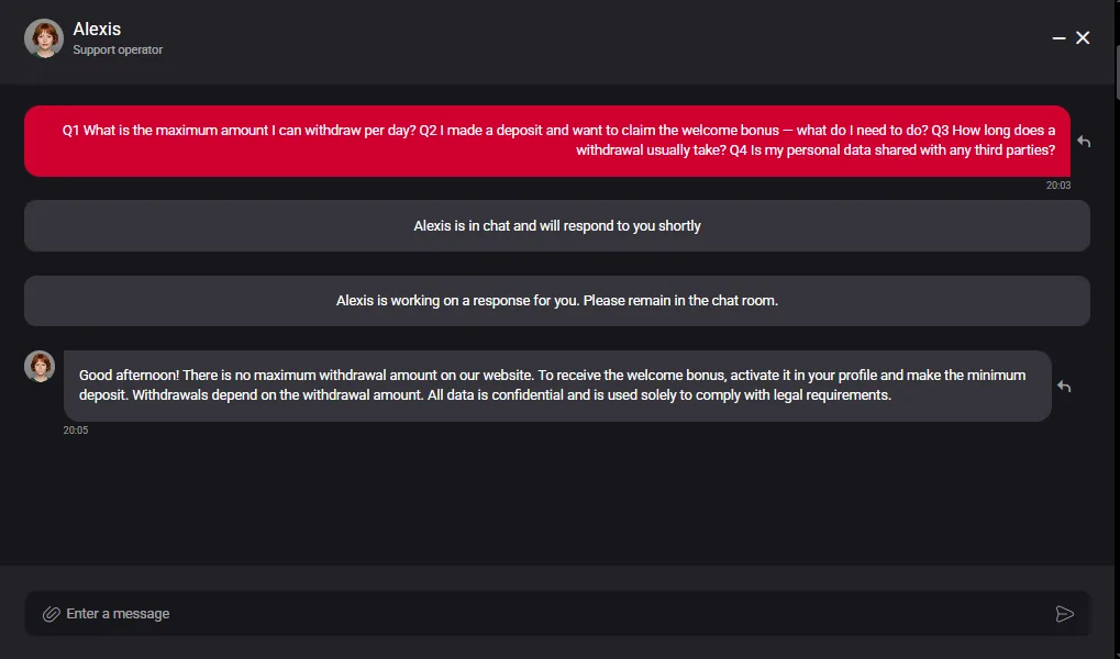 Screenshot of VulkanSpiele's live chat support window