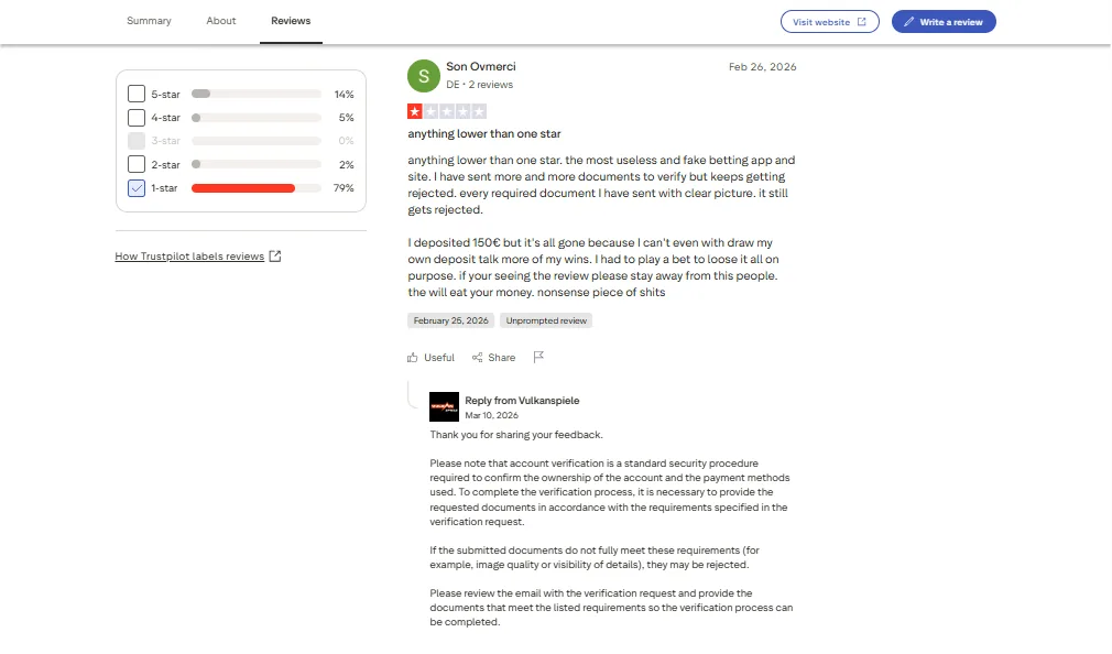 Screenshot of VulkanSpiele's negative Trustpilot review