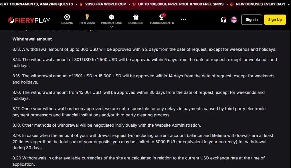 Screenshot of VulkanSpiele's withdrawal section and limits