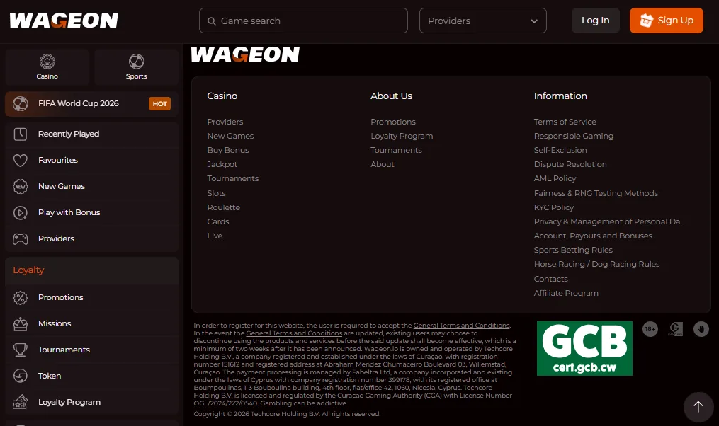 Screenshot of Wageon's footer licence and regulator details