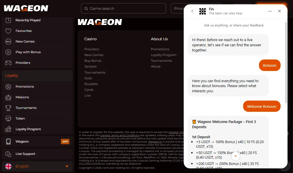 Screenshot of Wageon's live chat support window
