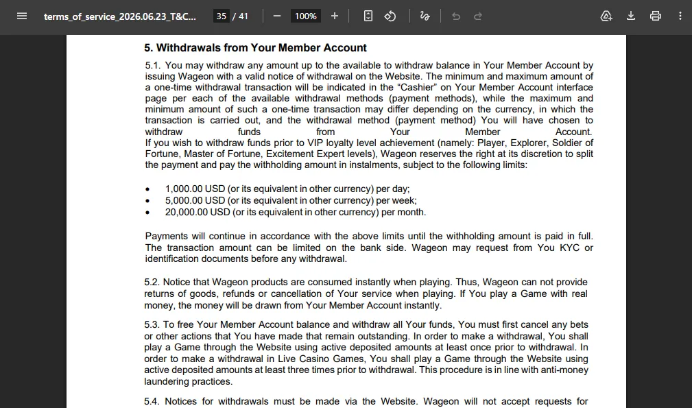 Screenshot of Wageon's withdrawal section and limits