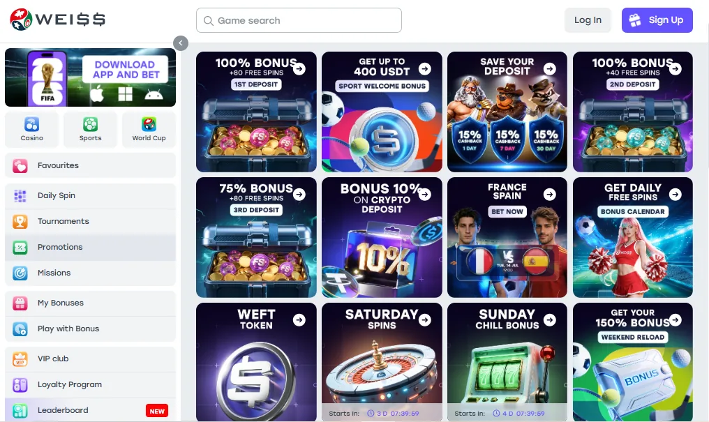Screenshot of Weiss's welcome bonus offer