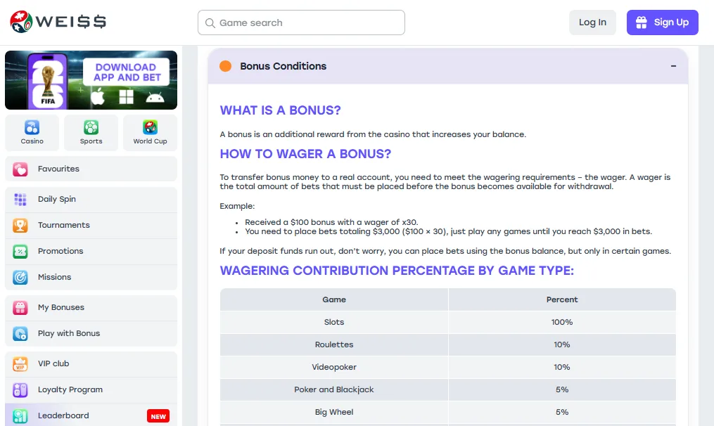 Screenshot of Weiss's bonus terms and wagering requirements