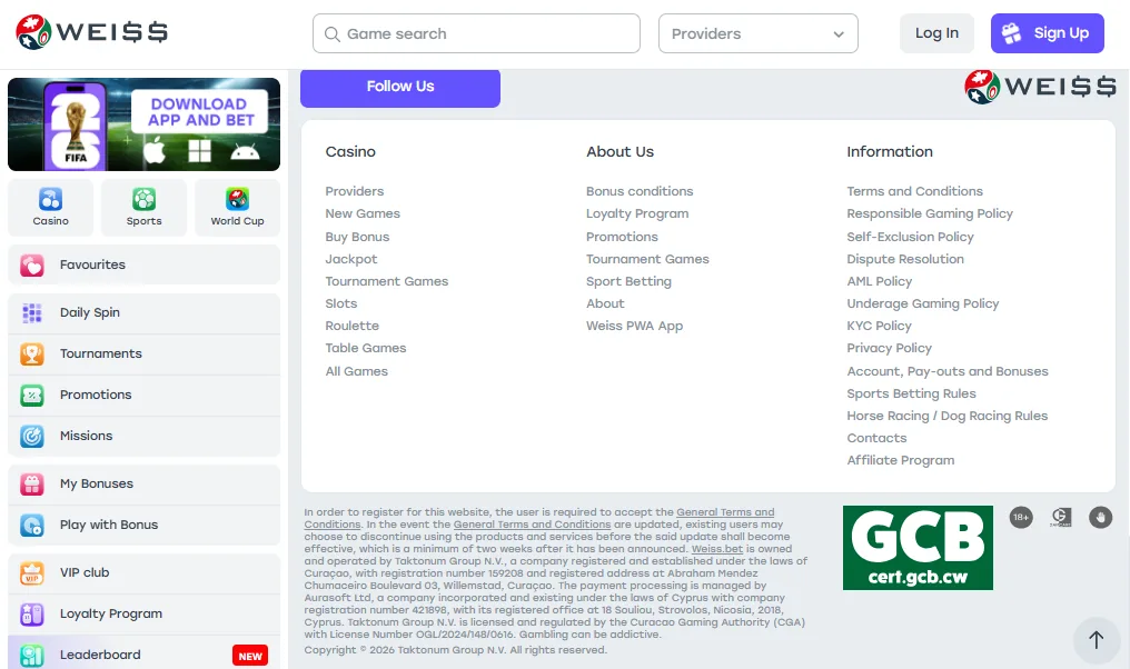 Screenshot of Weiss's footer licence and regulator details
