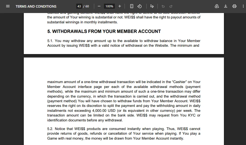Screenshot of Weiss's withdrawal section and limits