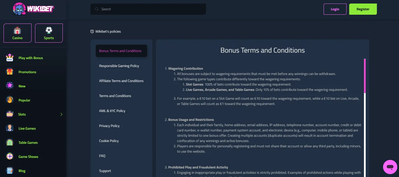 Screenshot of Wikibet's bonus terms and wagering requirements