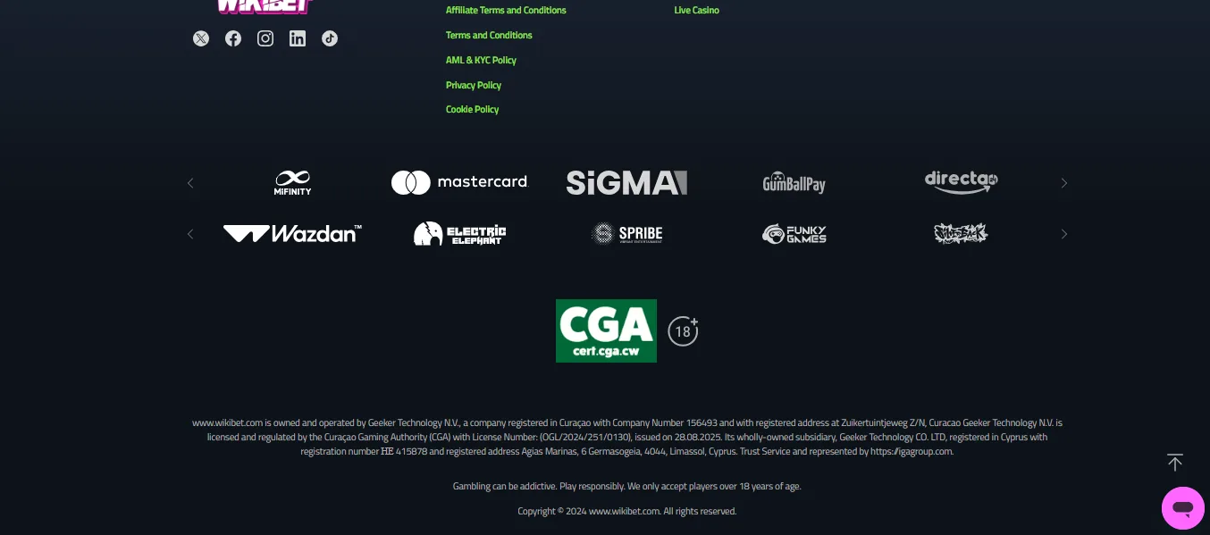 Screenshot of Wikibet's cashier and payment methods