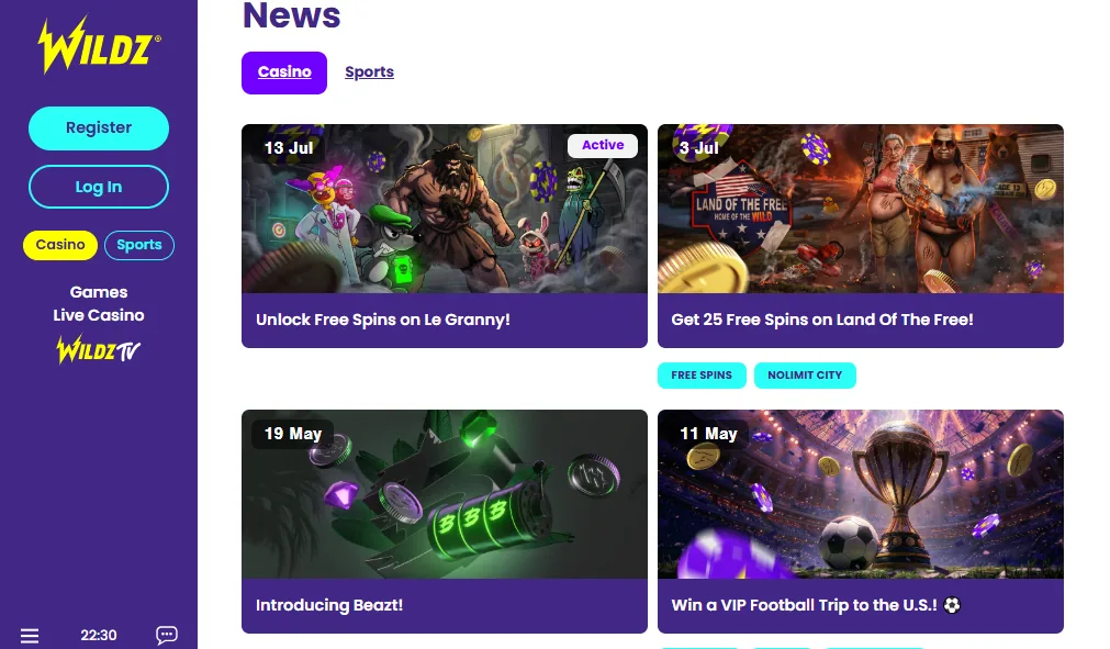 Screenshot of Wildz's welcome bonus offer