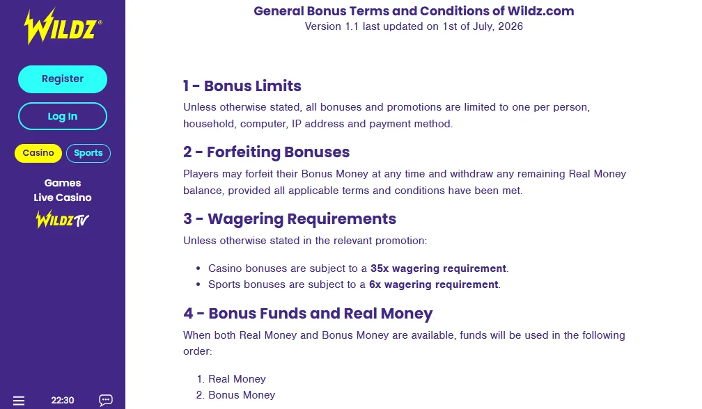 Screenshot of Wildz's bonus terms and wagering requirements