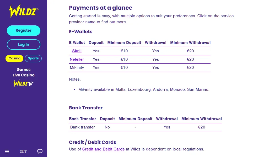Screenshot of Wildz's cashier and payment methods