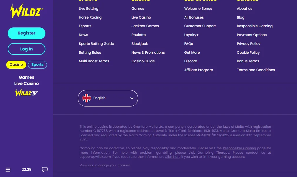 Screenshot of Wildz's footer licence and regulator details