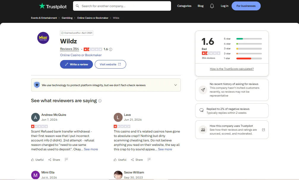 Screenshot of Wildz's Trustpilot rating overview