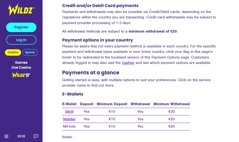Screenshot of Wildz's withdrawal section and limits