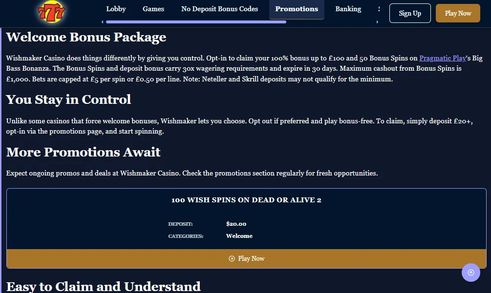 Screenshot of Wishmaker's bonus terms and wagering requirements