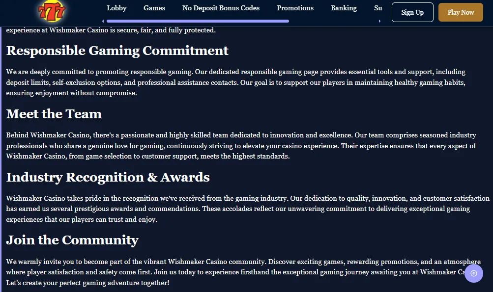 Screenshot of Wishmaker's responsible-gambling tools