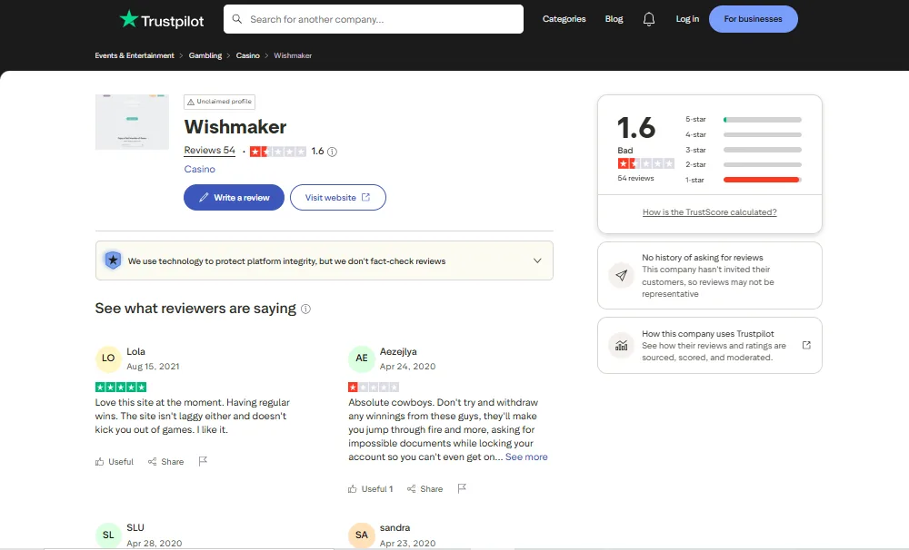 Screenshot of Wishmaker's Trustpilot rating overview