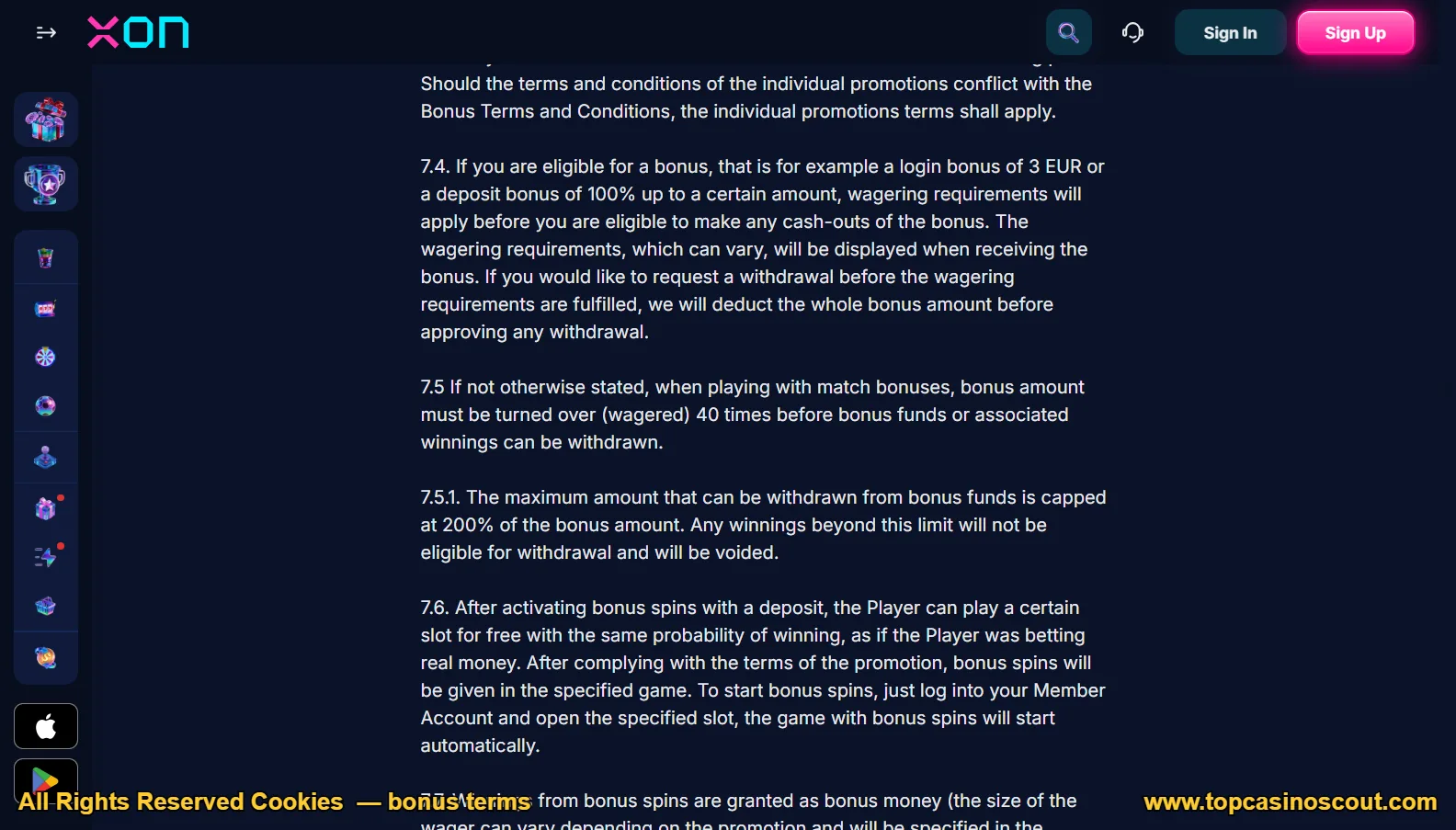 Screenshot of XON's bonus terms and wagering requirements