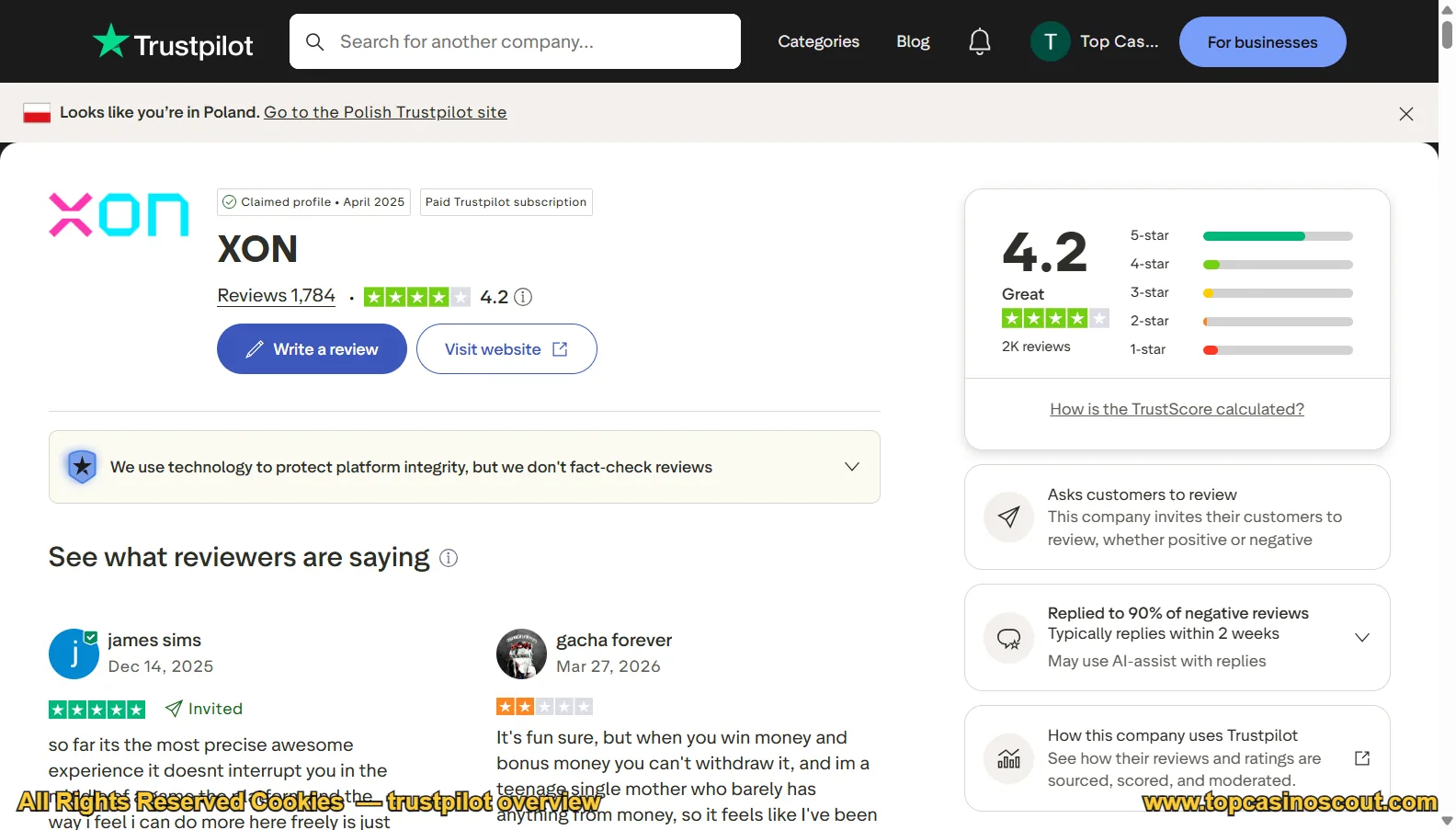 Screenshot of XON's Trustpilot rating overview