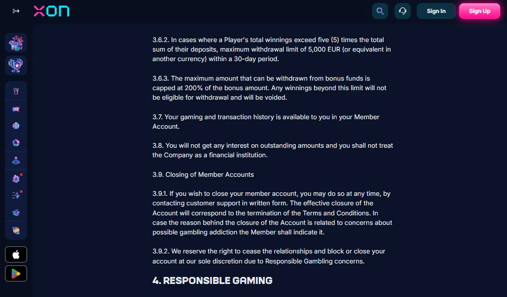 Screenshot of XON's withdrawal section and limits