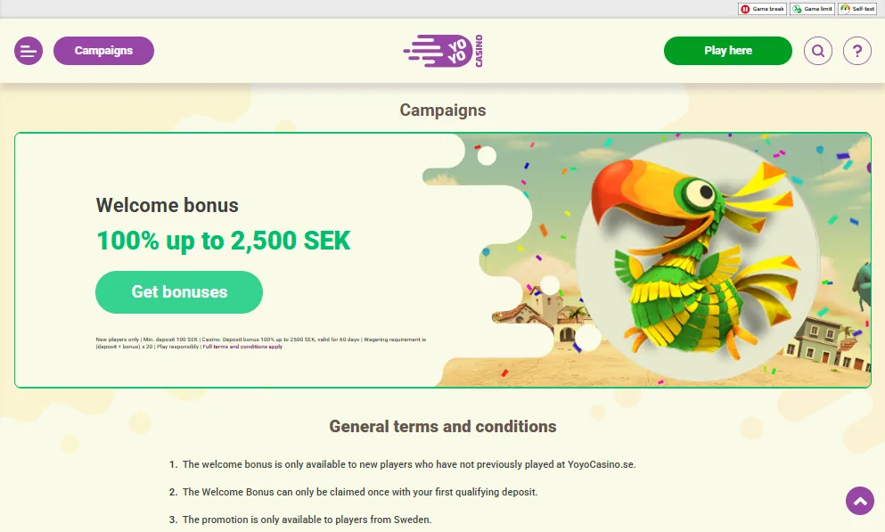 Screenshot of YoYo Casino's welcome bonus offer