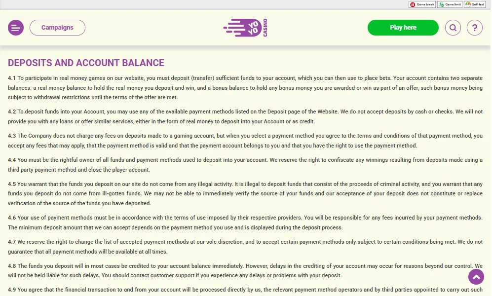 Screenshot of YoYo Casino's cashier and payment methods