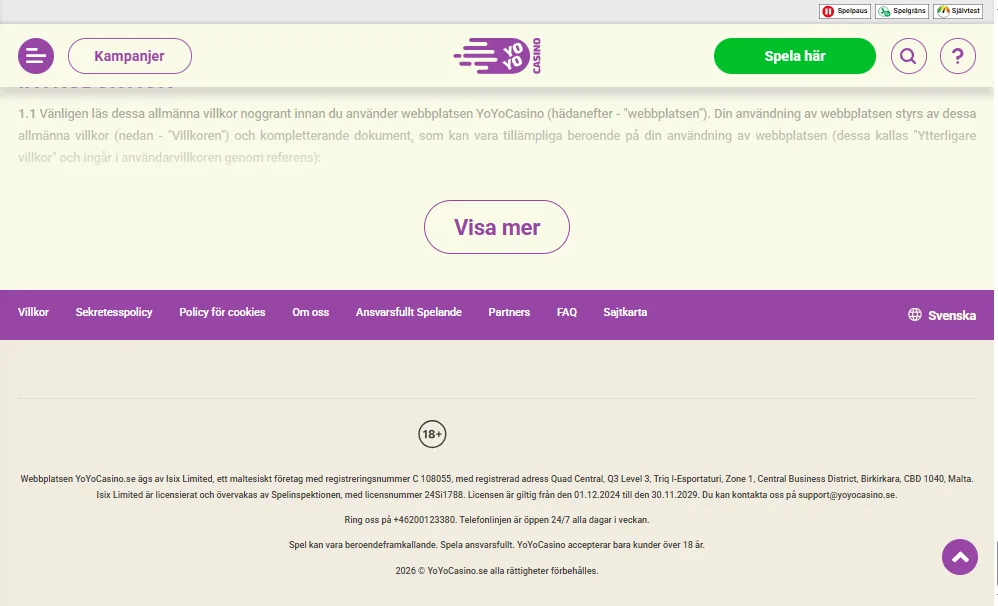 Screenshot of YoYo Casino's footer licence and regulator details