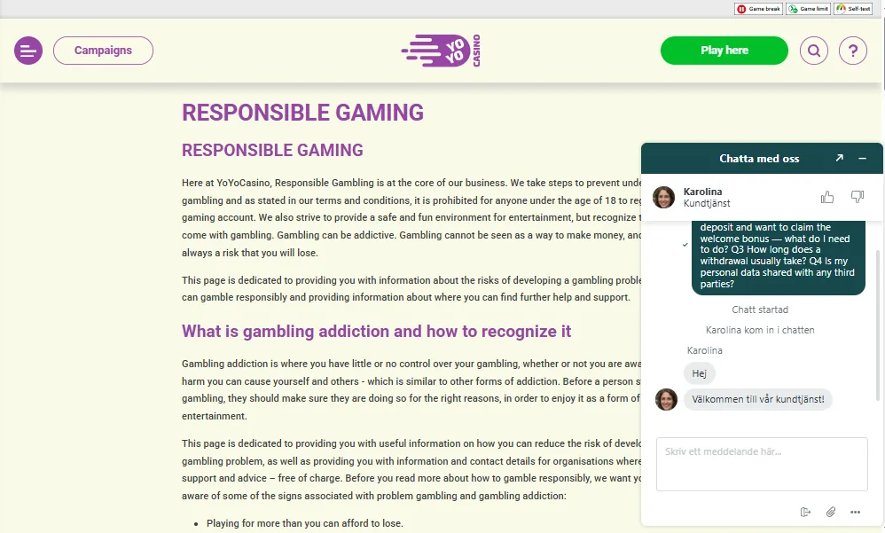 Screenshot of YoYo Casino's live chat support window