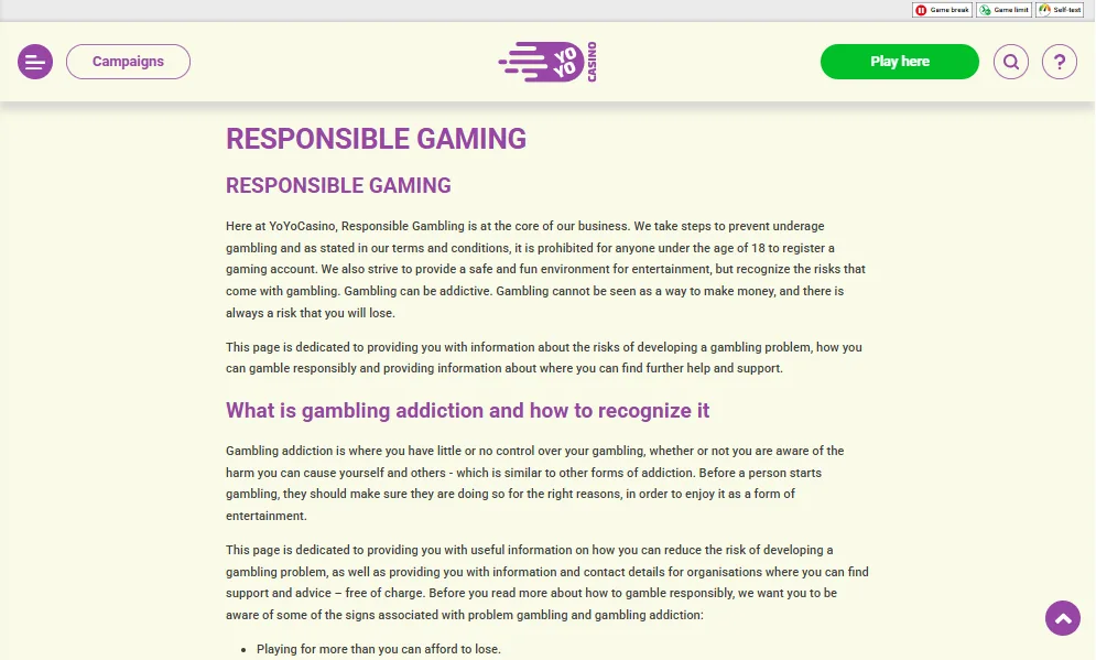 Screenshot of YoYo Casino's responsible-gambling tools