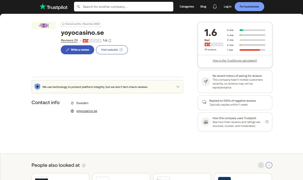 Screenshot of YoYo Casino's Trustpilot rating overview