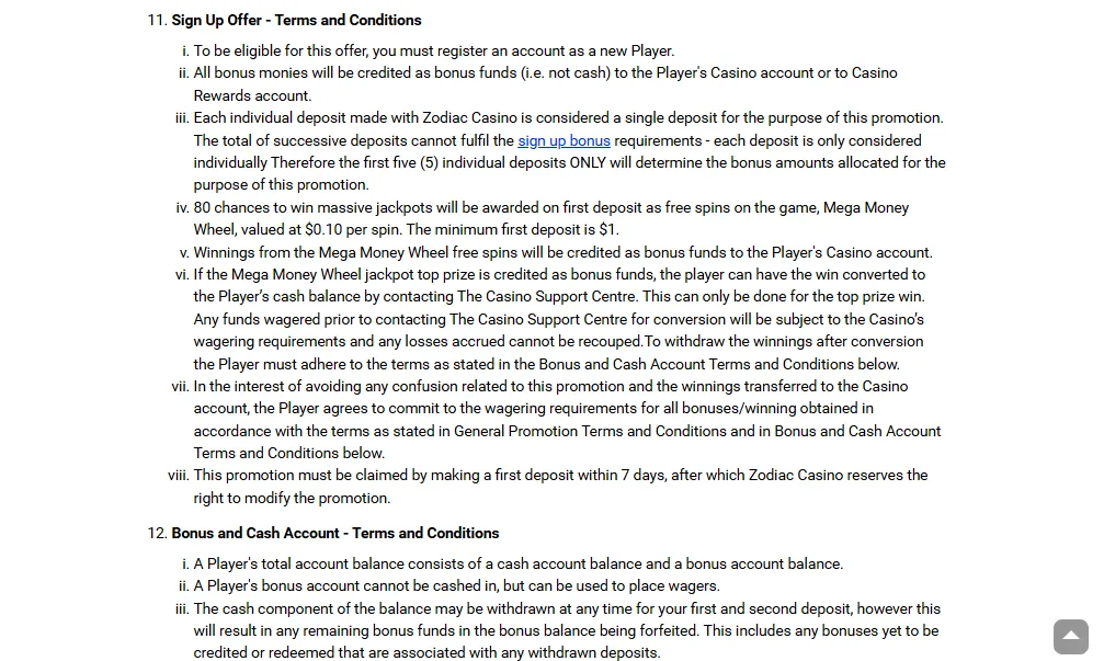 Screenshot of Zodiac Casino's bonus terms and wagering requirements
