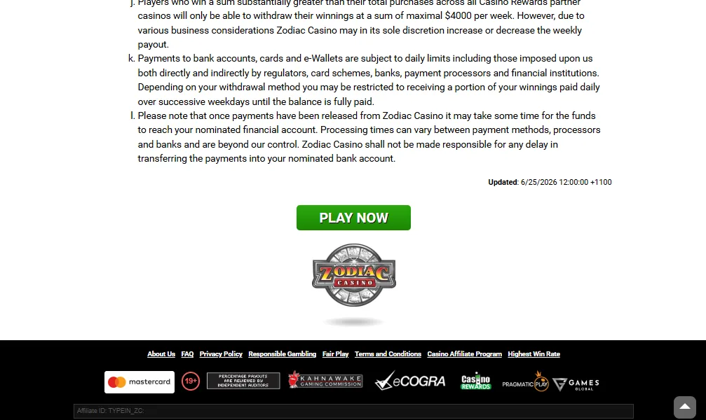Screenshot of Zodiac Casino's cashier and payment methods