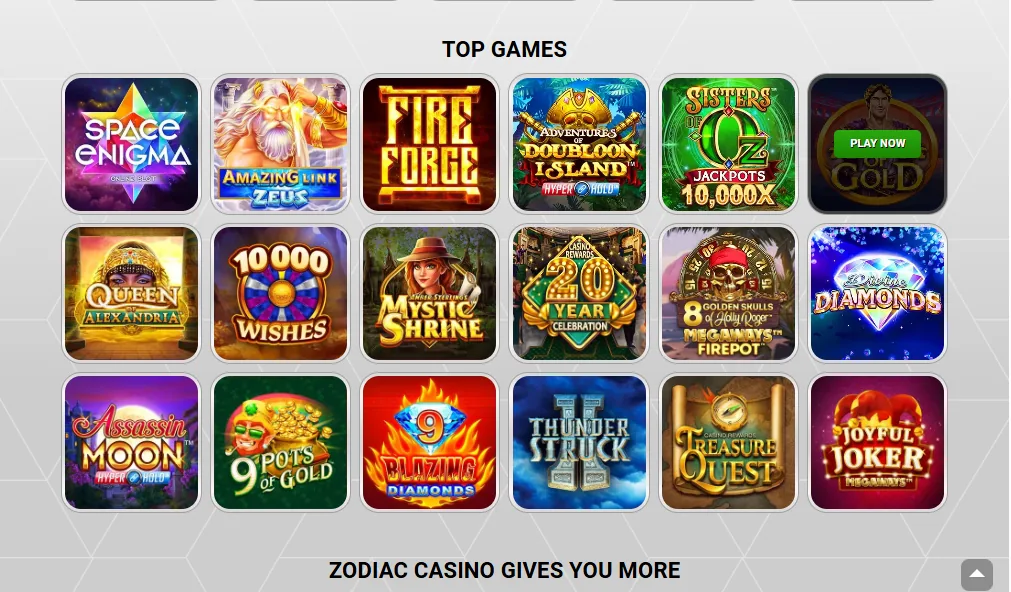 Screenshot of Zodiac Casino's games lobby