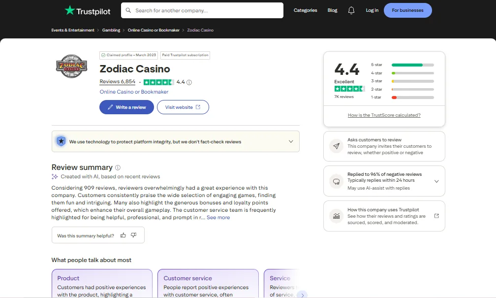 Screenshot of Zodiac Casino's Trustpilot rating overview